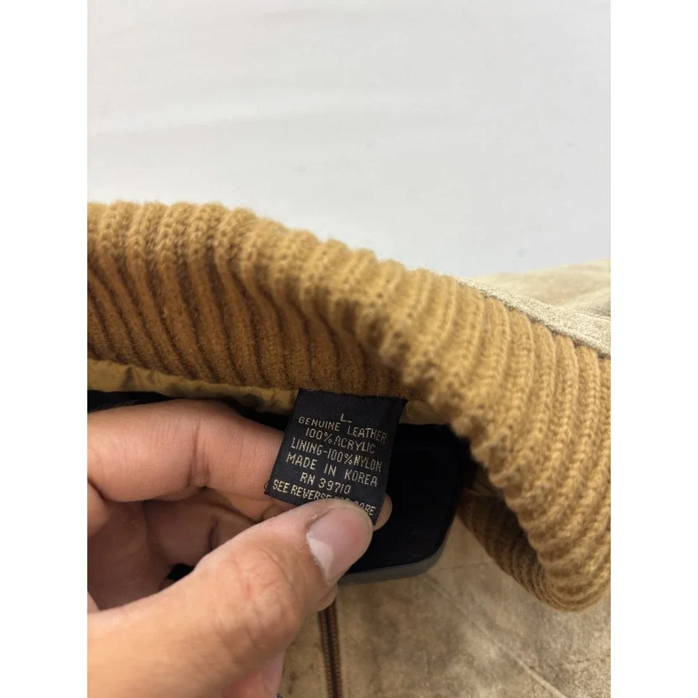 Vintage Old Spice Mens Beige Suede Leather Brown Knit Bomber Jacket Size L